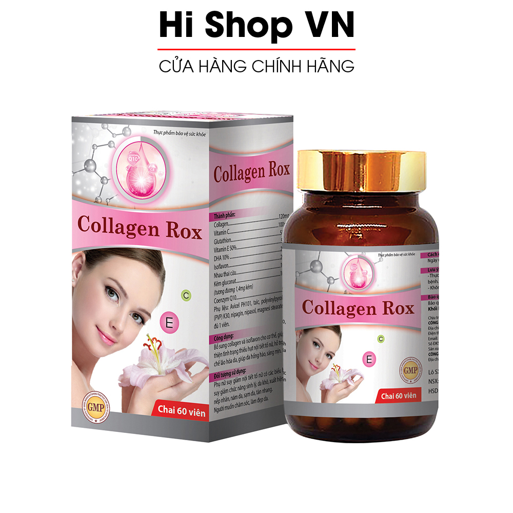 Viên uống đẹp da Collagen Rox bổ sung Vitamin E C chống lão hóa, giúp da hồng hào sáng mịn - Hộp 60 viên dùng 30 ngày