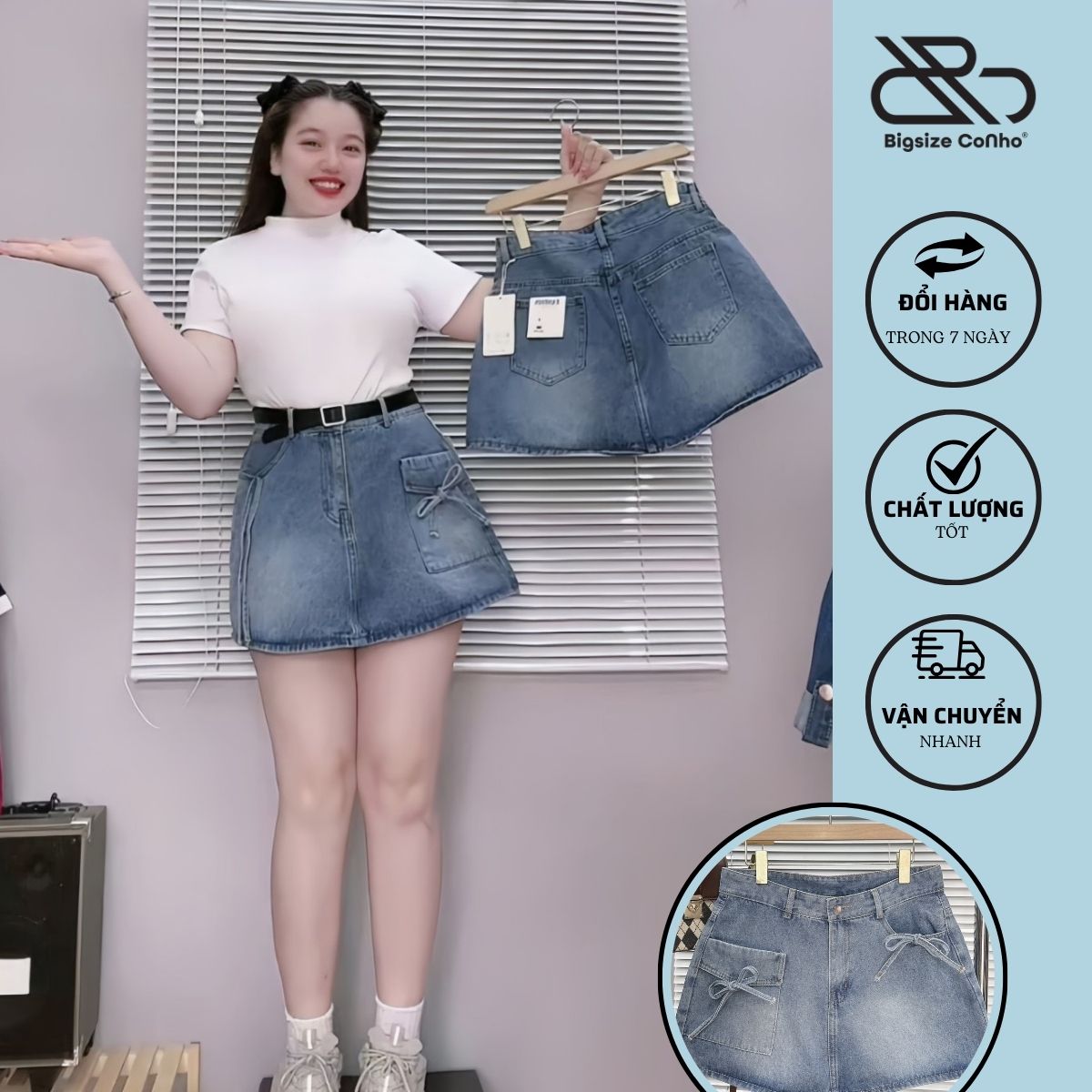 Chân váy jean nữ ngắn bigsize dáng A lưng cao túi trước có nơ cách điệu xinh xắn thời trang trẻ trung cá tính CV403