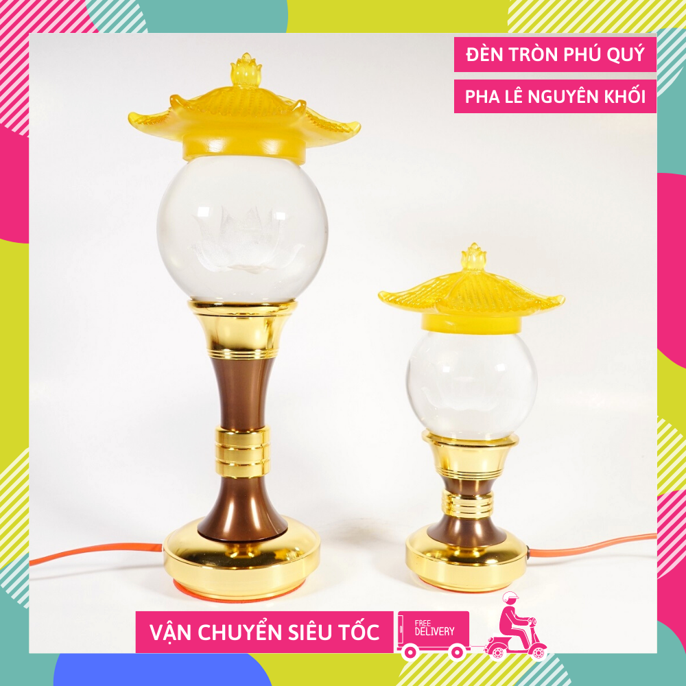 Đèn thờ led quả cầu pha lê sen mái lưu ly phú quý đế xi đồng điện cao cấp - Nhiều cỡ đổi màu