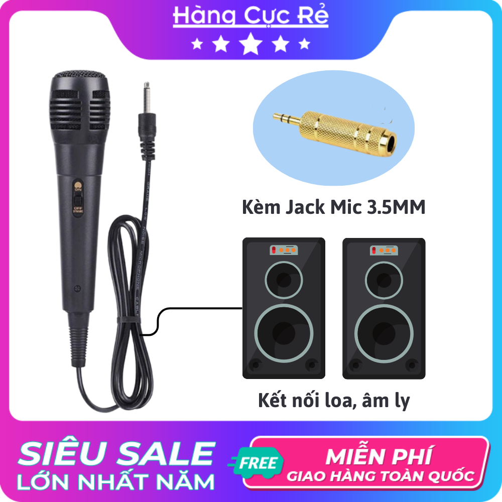 Micro hát karaoke có dây 2m, jack mic 6.5mm dành cho loa amply