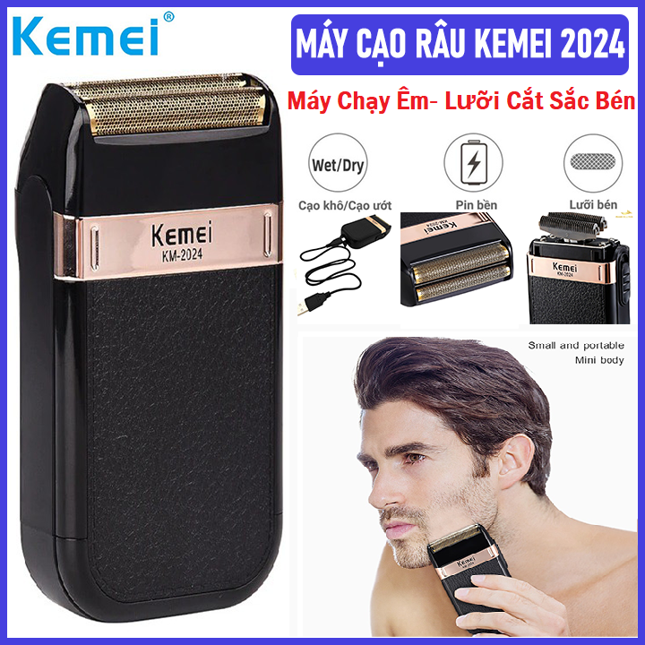 Máy Cạo Râu Điện Kemei KM 2024 Cao Cấp, Tông Đơ Cạo Râu Nam Đa Năng, Dao Cạo Râu Bằng Điện Cạo Cực Sạch, Cực Êm, Không Đau Rát- Công nghệ chống nước, chống bụi IPX 4