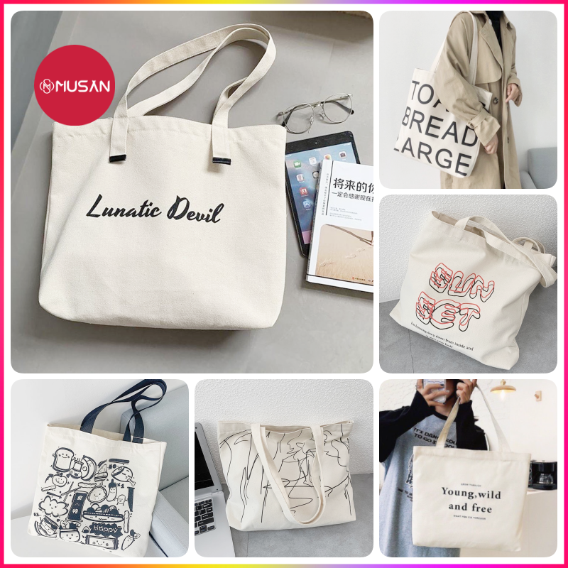Túi tote vải canvas cao cấp phong hàn quốc đi học đi chơi với hoạ tiết độc đáo