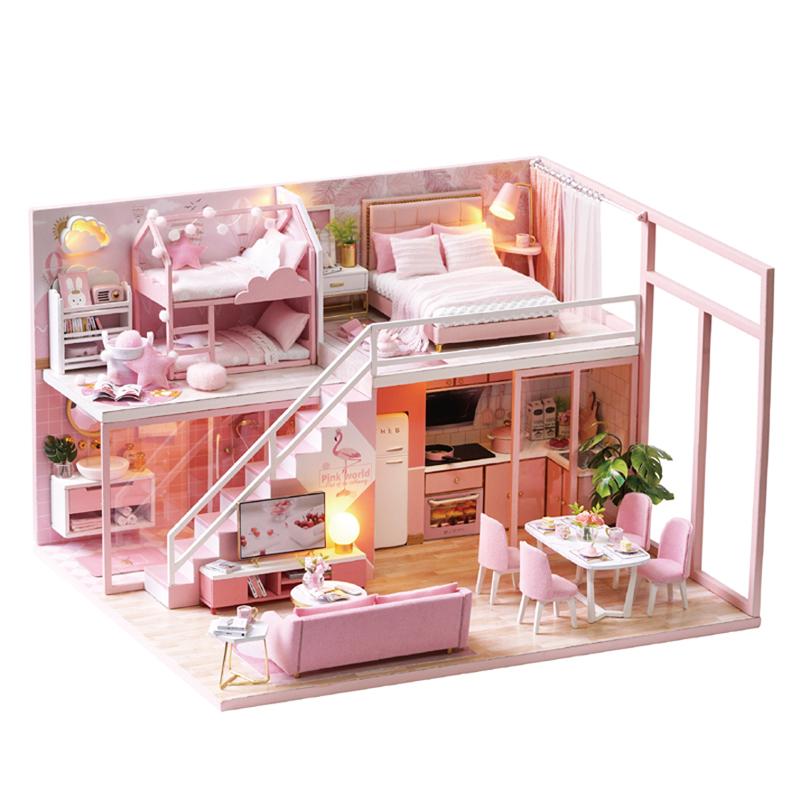 HCMMô hình nhà gỗ nhà búp bê barbie L027 có nội thất và đèn như hình