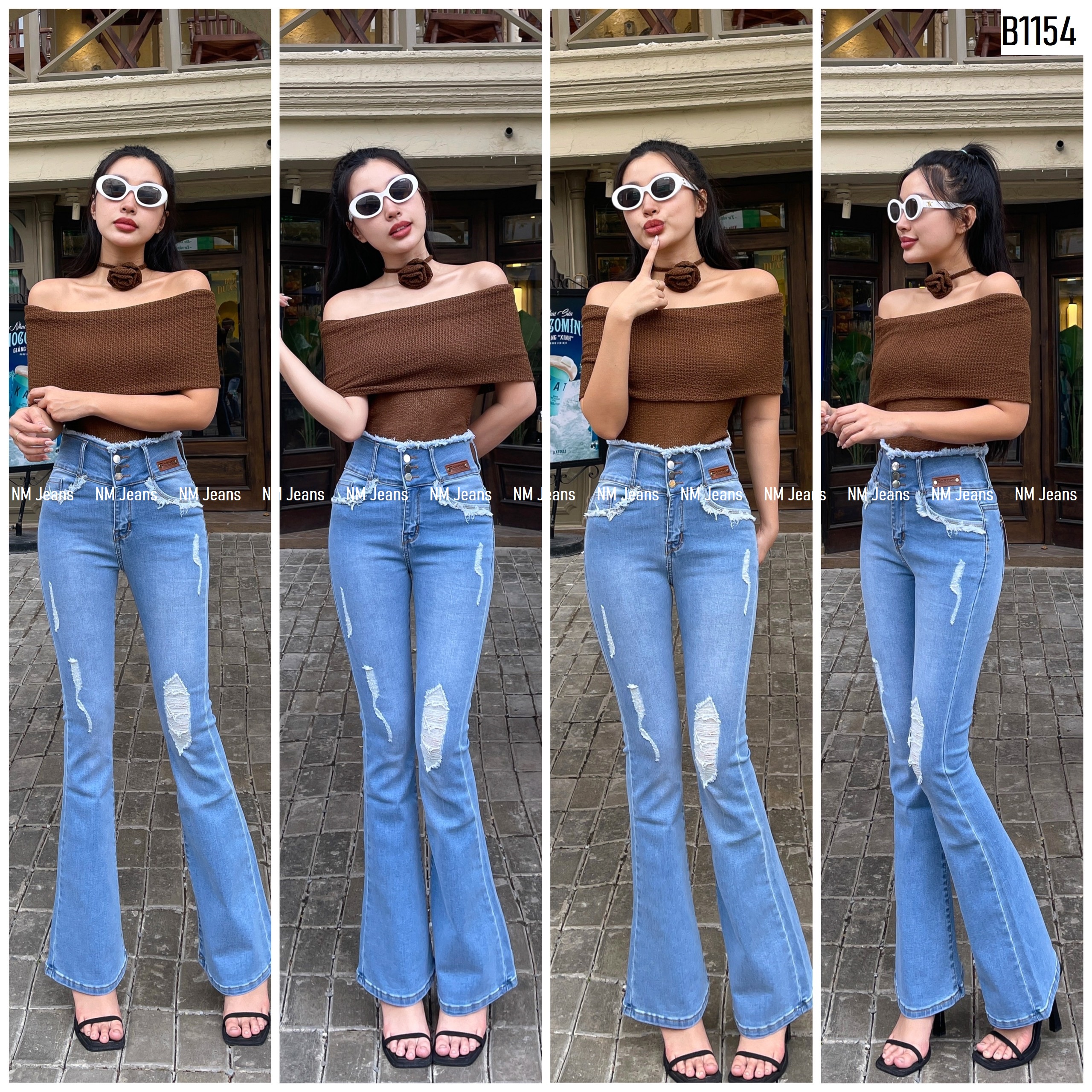 Quần jean nữ ống loe lưng cao 3 nút tua lưng rách xanh sữa co giãn
