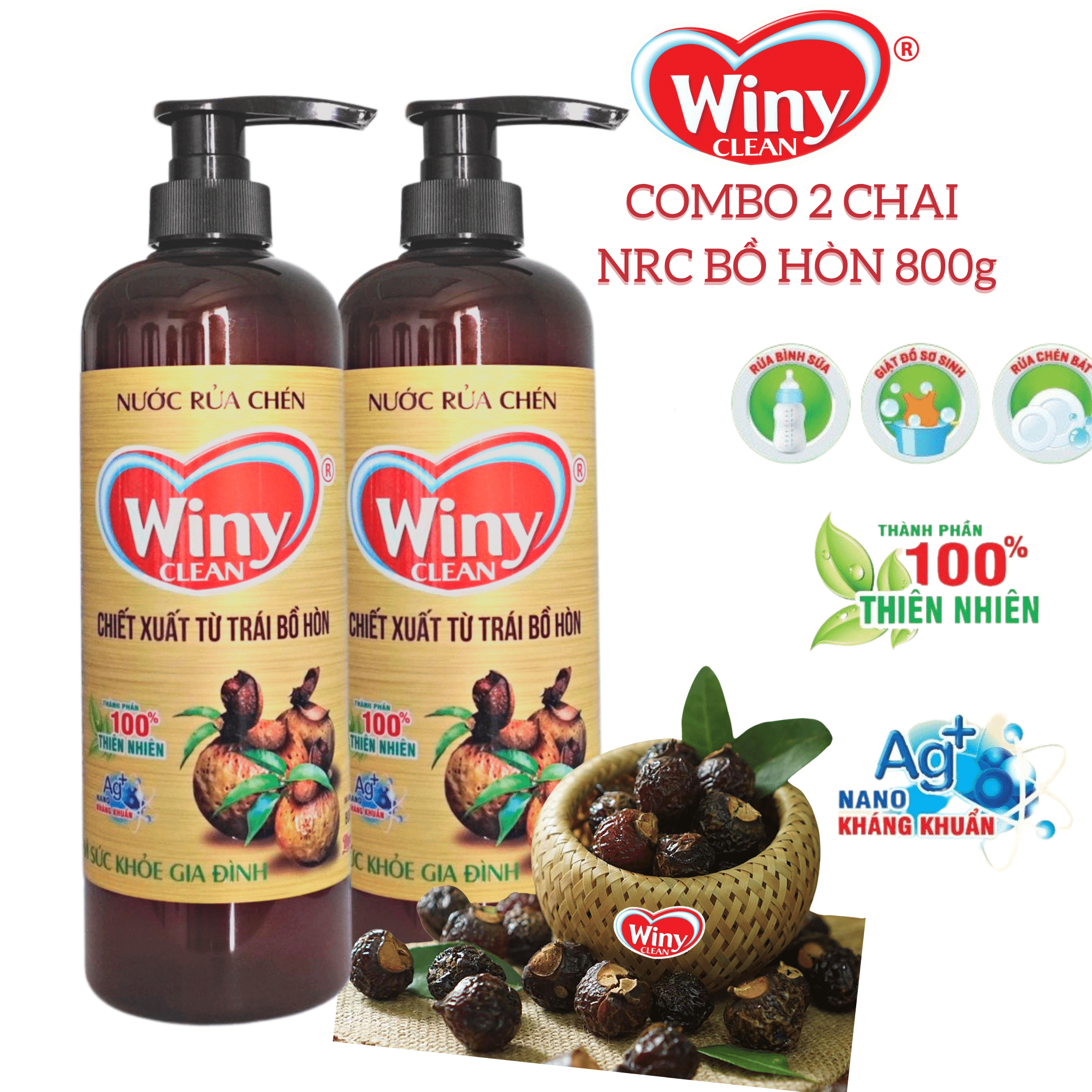 Nước rửa chén Winy Clean chai 800g . Nước rửa bát hữu cơ chiết xuất từ trái bồ hòn. NRC sinh học enzym bồ hòn 100% thiên nhiên