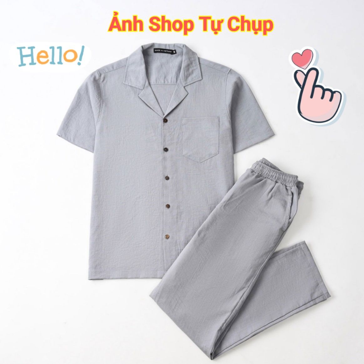 Bộ đũi nam cổ vest chất liệu vải đũi mềm mát màu xám tay ngắn quần dài phong cách thời trang hàn quốc