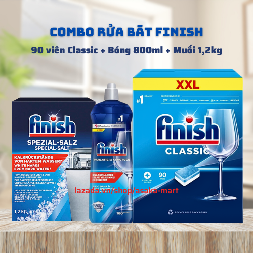 Viên rửa bát finish 90 viên + Bóng finish 800ml + Muối finish 1,2kg dùng cho máy rửa bát chén vienruabat nuoclambong vienruabatfinish
