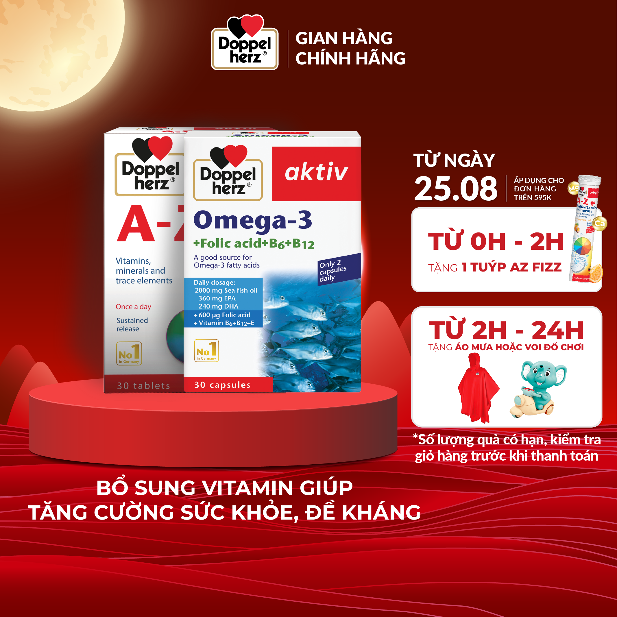 Bộ đôi tăng cường sức khỏe toàn diện bổ sung Vitamin khoáng chất Doppelherz A-Z Depot và dầu cá Omega 3 + Folic acid + B6 + B12 Doppelherz
