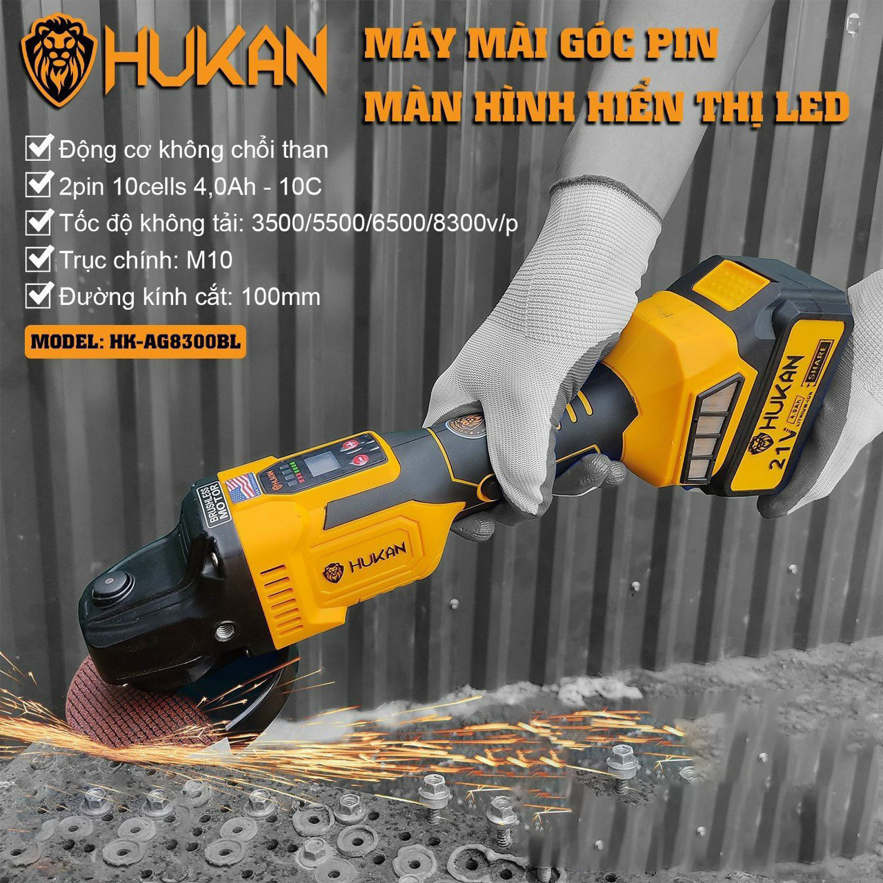Thân máy mài pin HUKAN HK AG8300BL,chỉnh lực điện tử,chân pin phổ thông,máy không chổi than.