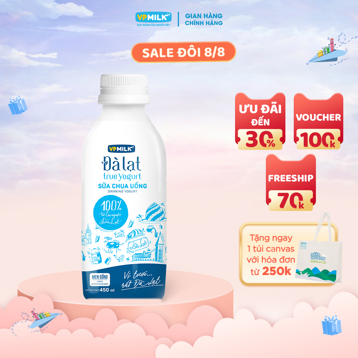 Sữa chua uống vpmilk đà lạt true yogurt chai 450ml