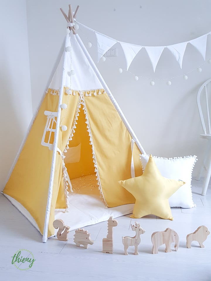 Lều vải cho bé màu vàng cotton 100% linen cọc gỗ tự nhiên an toàn cho trẻ Thien Y Kids Teepee Tent Playtent for Kid Lều thổ dân DIY Handmade