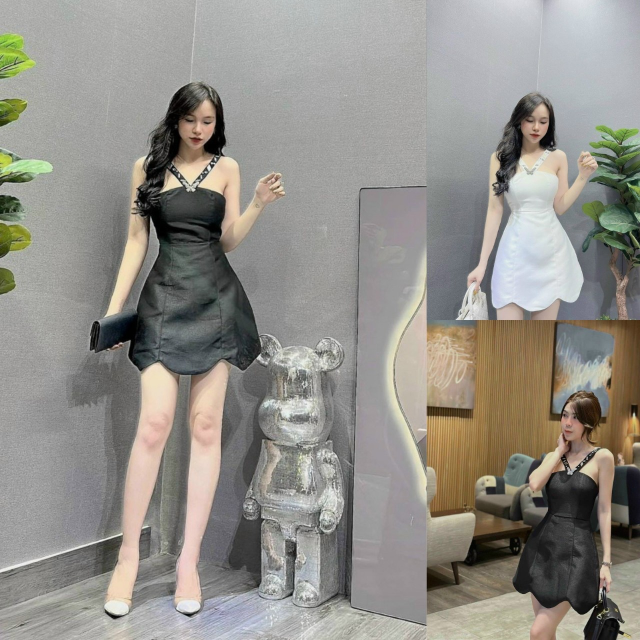 Váy đầm nữ hai dây đính con bướm và hạt cườm thiết kế lai gợn sóng đẹp cực chất