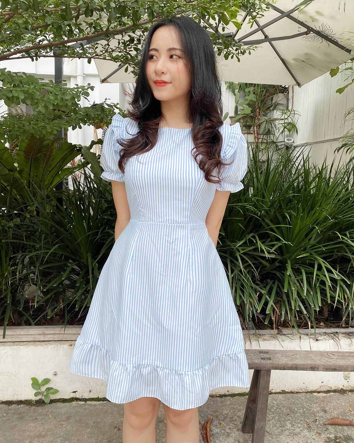 Đầm nữ de thuong dáng xòe thiết kế bánh bèo xinh xanh sọc thời trang nữ đi làm đi chơi - Lux W