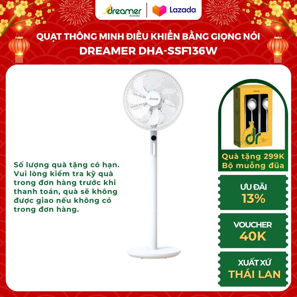 Quạt Thông Minh Dreamer Điều Khiển Bằng Giọng Nói Trực Tiếp, Tùy Chỉnh 3 Kích Thước, Dreamer DHA-SSF136W (Màu Trắng), Bảo Hành Động Cơ 36 Tháng, thương hiệu Úc, sản xuất tại Thái Lan