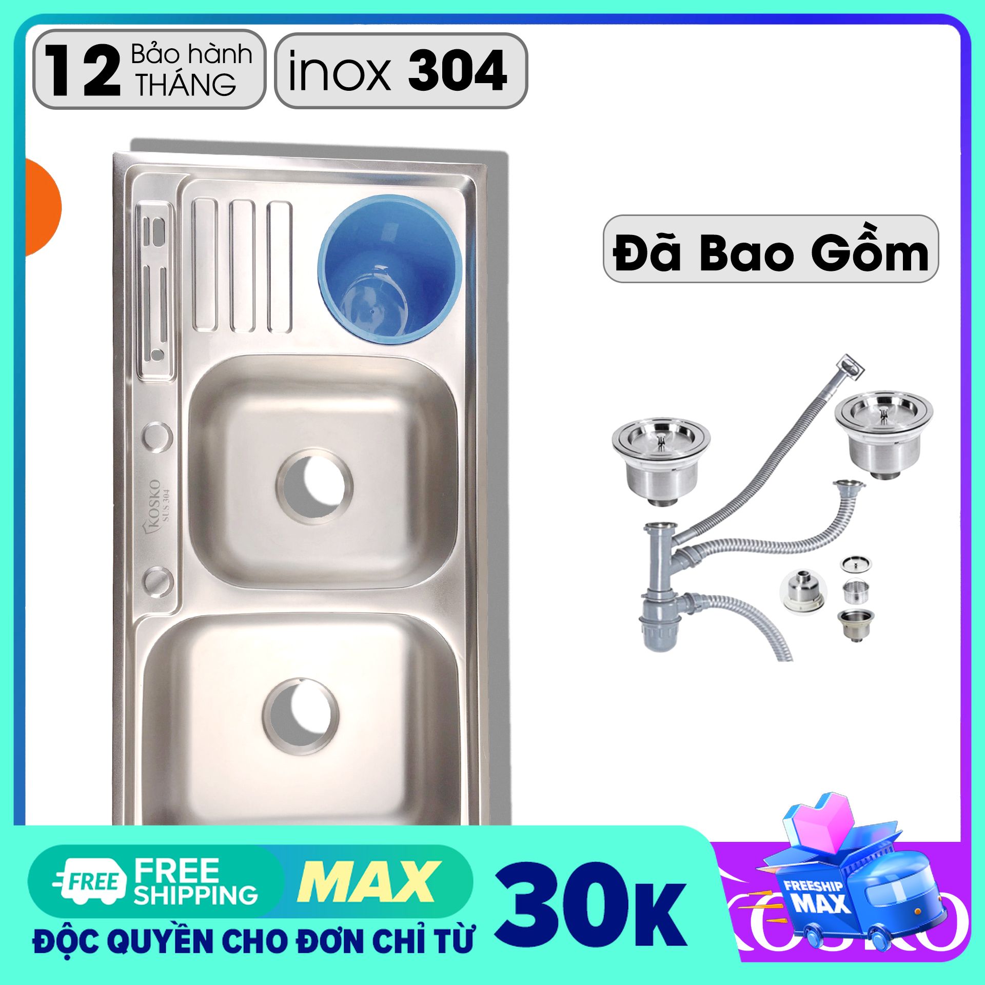 Chậu rửa rát inox kosko 92 x 45cm 2 hố + 1 bàn + 1 gài dao + 1 hố rác có lắp đậy, đã bao gồm bộ xả xiphong chưa có vòi rửa nhé