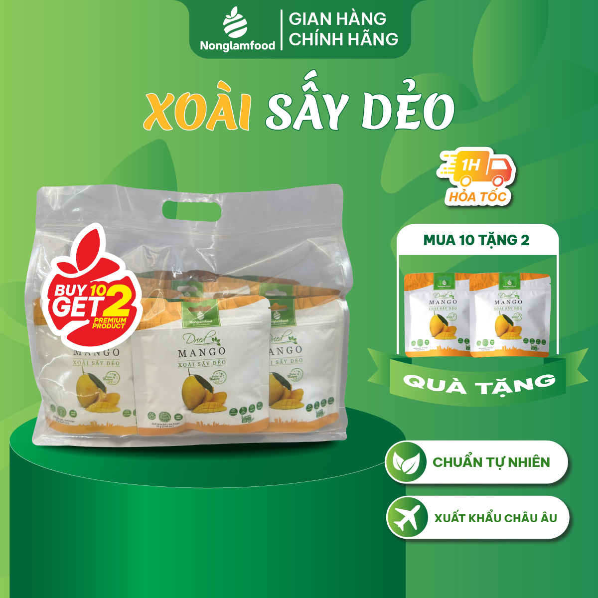 [Mua 10 tặng 2] Combo 10 túi xoài sấy dẻo Nonglamfood 75g | Ngon chuẩn dưỡng chất | Giàu vitamin, chất xơ