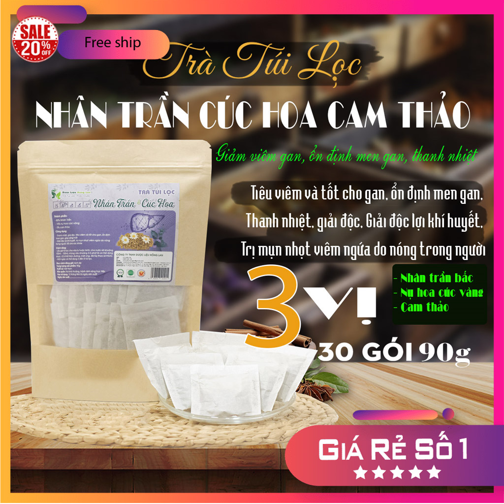 Trà Thanh Nhiệt, Giảm viêm gan, ổn định men gan Nhân Trần Cúc Hoa Vàng Cam Thảo Bịch zip 90g (30 gói x 3g)