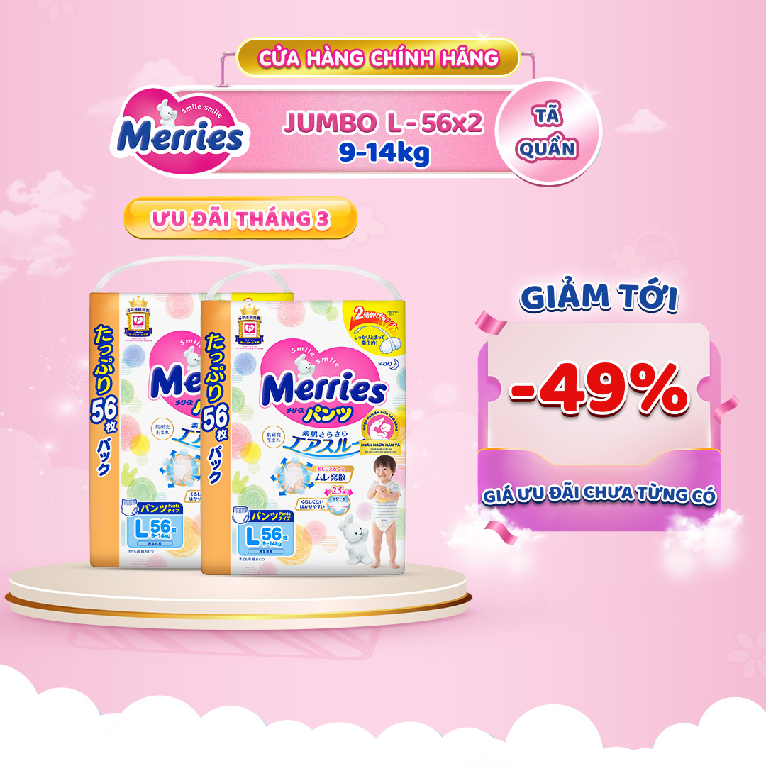 Combo 2 Tã/bỉm quần Merries Jumbo Size L56