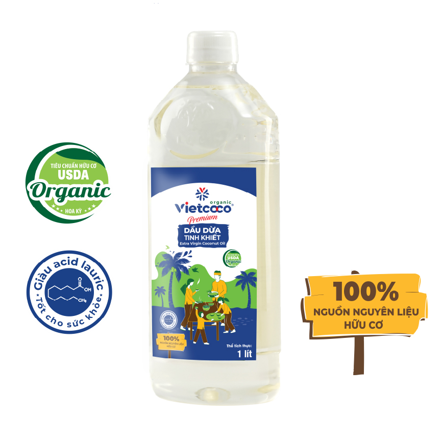 Dầu dừa nguyên chất ép lạnh Organic Vietcoco - Chai Pet 1 lít
