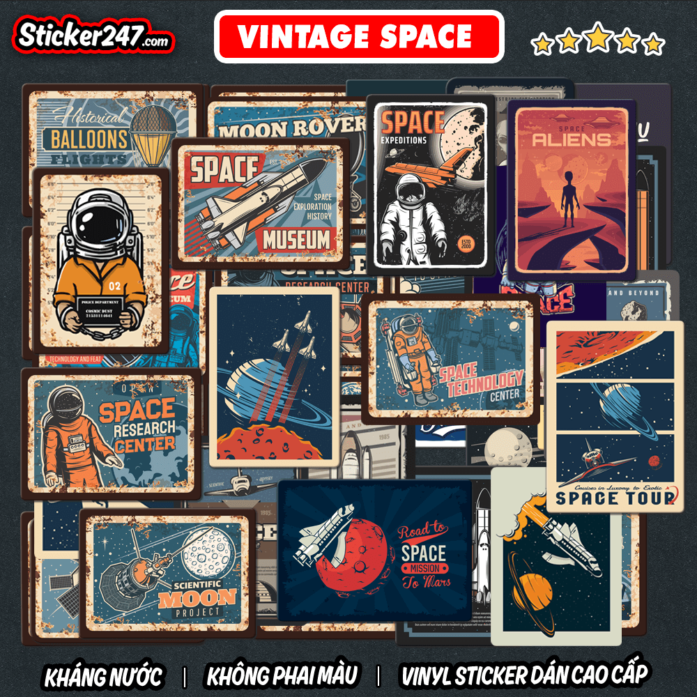 Sticker Vintage Retro Space Galaxy Vũ trụ 🌈𝑭𝒓𝒆𝒆𝒔𝒉𝒊𝒑 chống nước, sticker dán laptop, điện thoại, đàn, mũ bảo hiểm, vali