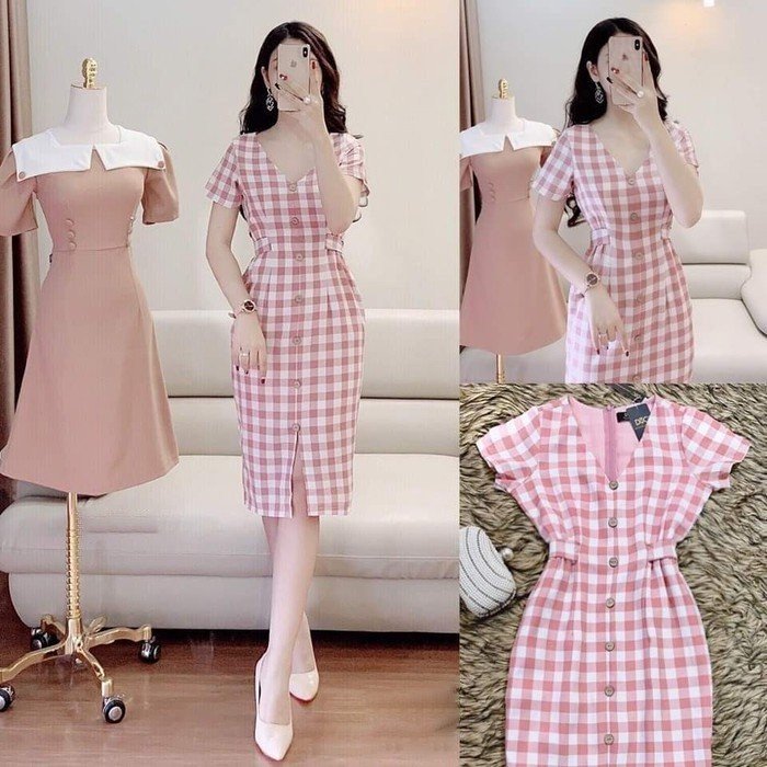 Đầm caro cổ tim cột eo phối nút sang trọng dài đầm 96cm