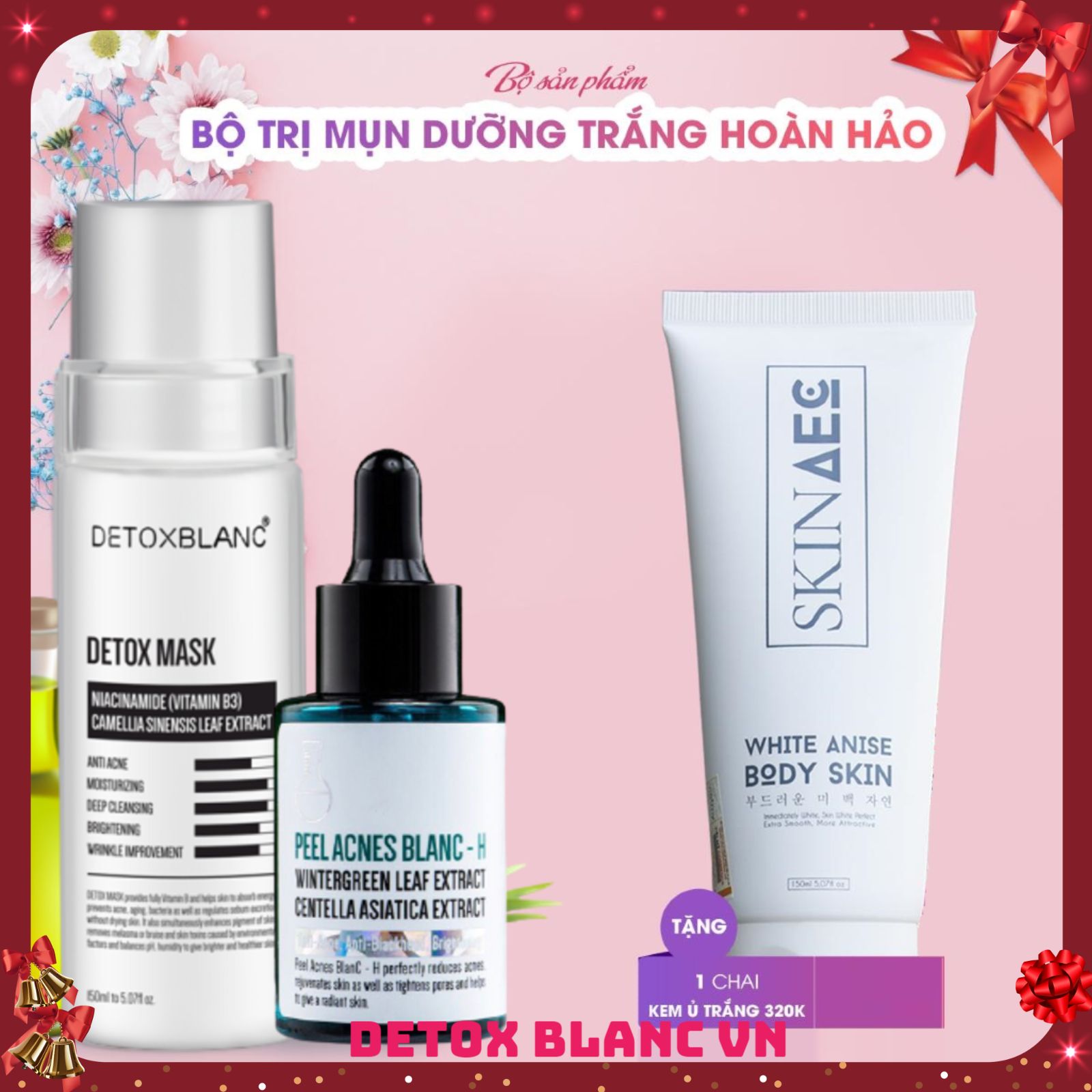 Combo xóa mụn dưỡng trắng da tặng kèm ủ kích trắng than hoạt tính skin aec 150ml