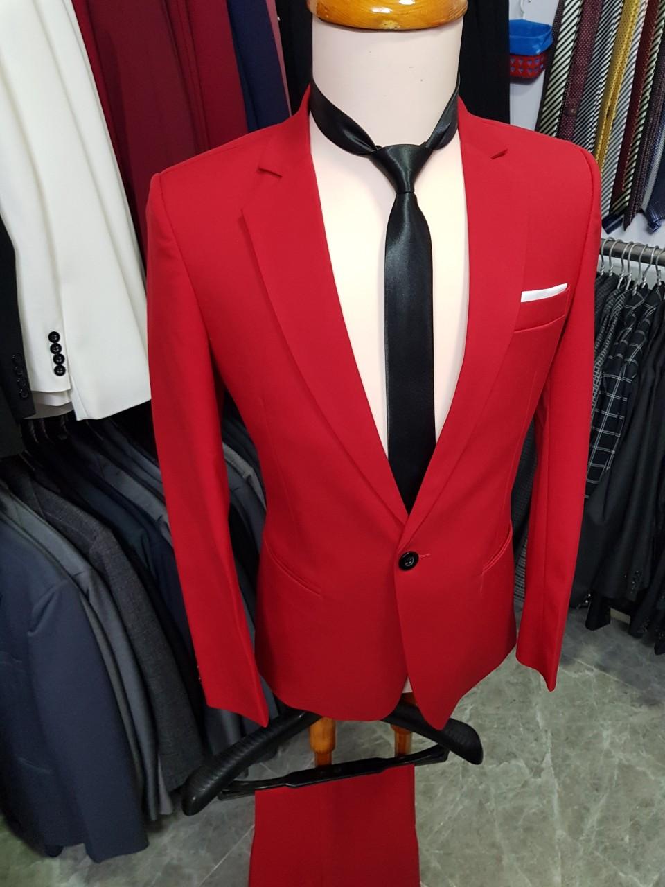 [HCM]Bộ vest nam màu đỏ tươi form ôm body mềm mịn (áo vest+quần+cà vạt+nơ)