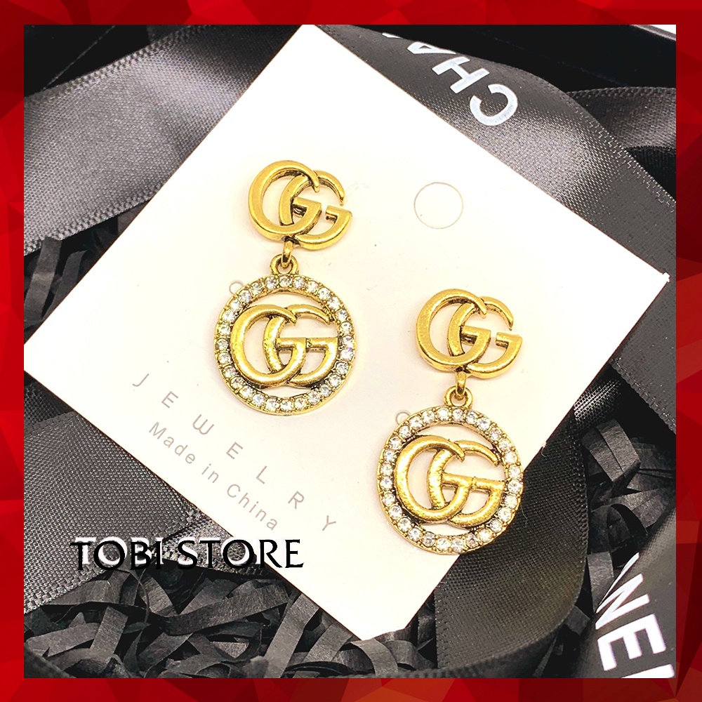 Khuyên tai nữ thương hiệu gg thả dài đính đá mạ vàng sanh chảnh tb459 tobi store