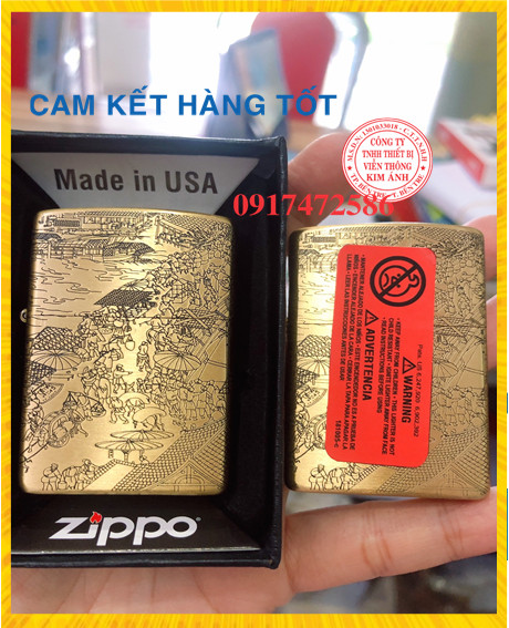 Bật Lửa Zippo Khắc Chìm Mẫu Thanh Minh Thượng Hà Đồ- Màu Vàng Ruột Trắng