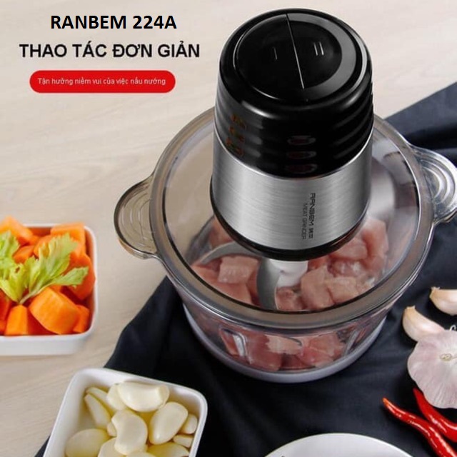 Máy xay thực phẩm ranbem 224a, thân inox, cối thủy tinh 2l, xay các loại hạt, xay thịt, xay cua