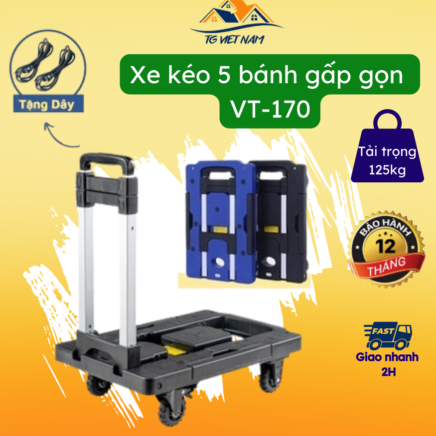 2IN1- Xe kéo-xe đẩy hàng gấp gọn đa năng VT170 dùng trong chung cư, gia đình, bỏ cốp ô tô, có bánh xoay 360 độ Tiện Lợi