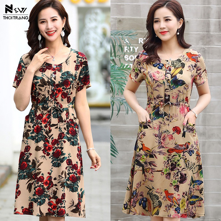 Size 53-85kg Đầm Lụa Trung Niên In Hoa - New Thoi Trang