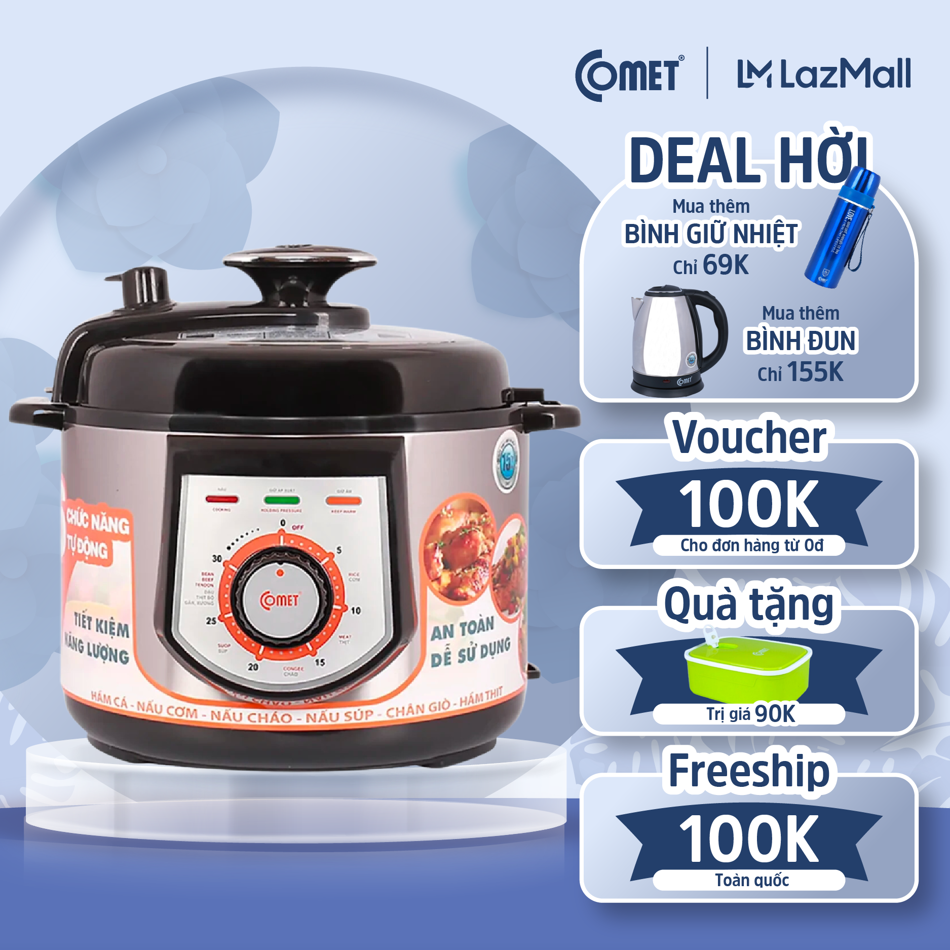Nồi áp suất điện đa năng nắp rời 5.0L COMET - CM6150 - Hàng Chính Hãng - Bảo hành 12 tháng