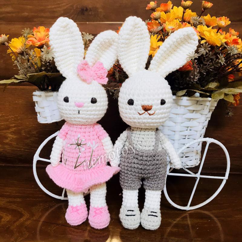 Thú bông bằng len handmade, Thú len nhồi bông Amigurumi, Búp bê len handmade cao cấp NemoToys- THỎ CẶP NHÍ (XÁM/HỒNG) -26CM