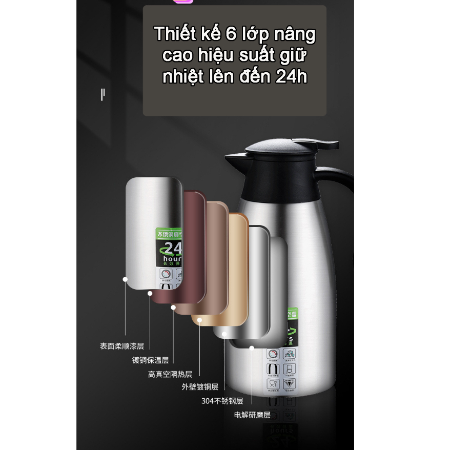 Bình nước giữ nhiệt 2 lít inox 304 Europan, bình ủ trà, ấm ủ, phích giữ nhiệt, bình giữ nhiệt cỡ lớn, ấm giữ nhiệt