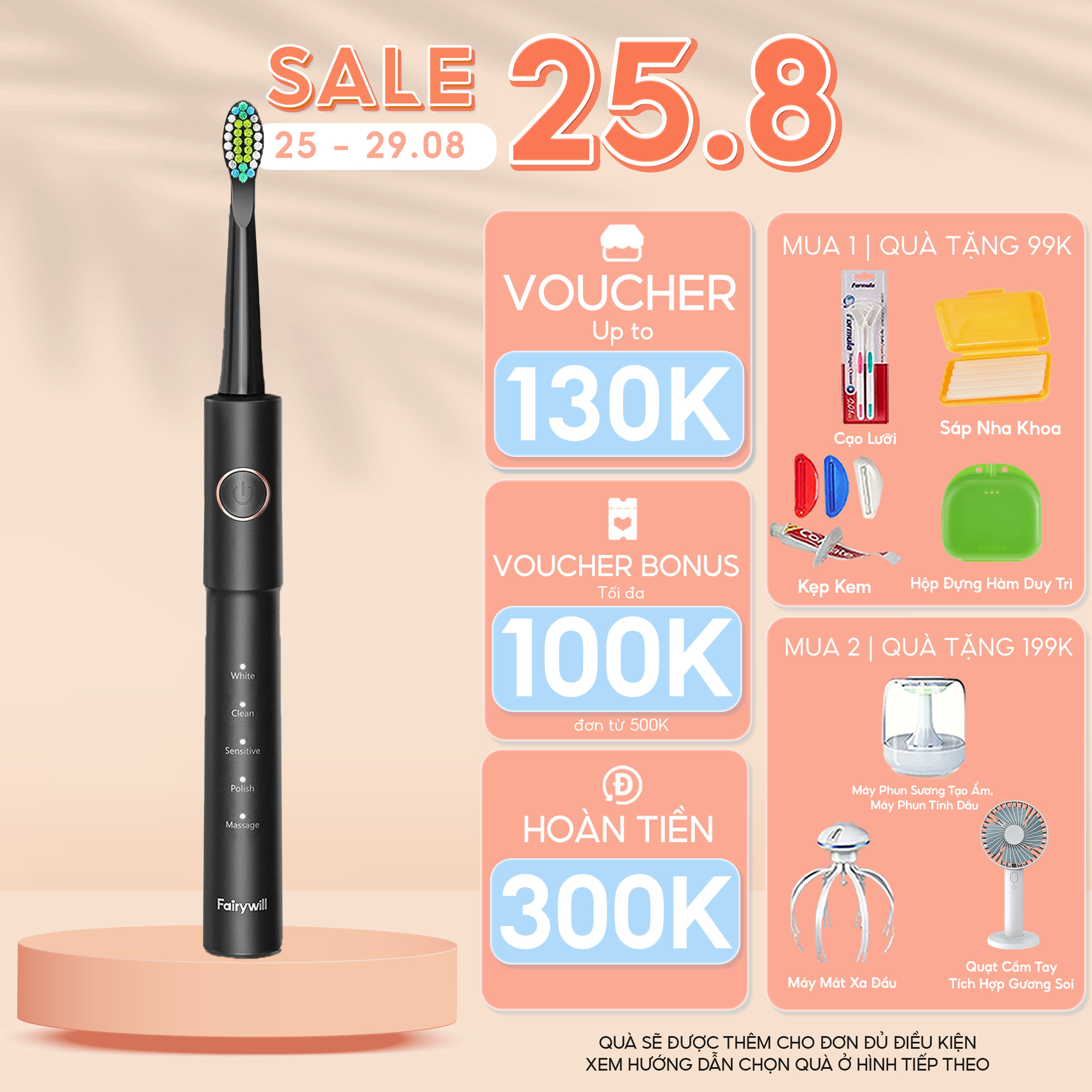 Bàn chải đánh răng điện Fairywill E11- tặng kèm 8 đầu bàn chải đủ dùng cho 2 năm