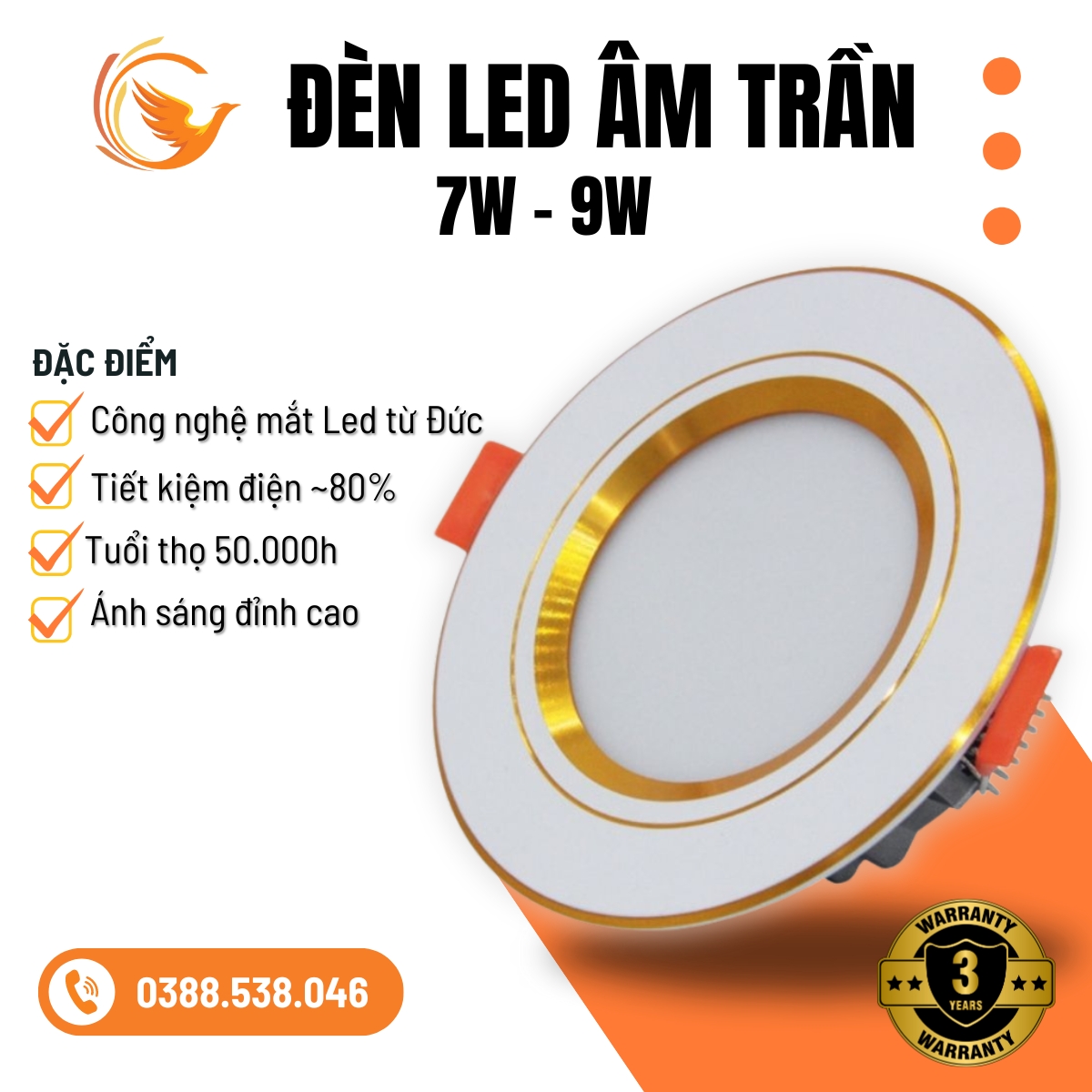 Đèn âm trần 7W 9W, đèn led âm trần thạch cao, ánh sáng 3 màu, đế đúc nguồn rời, phi 90, phi 110, bảo hành 3 năm
