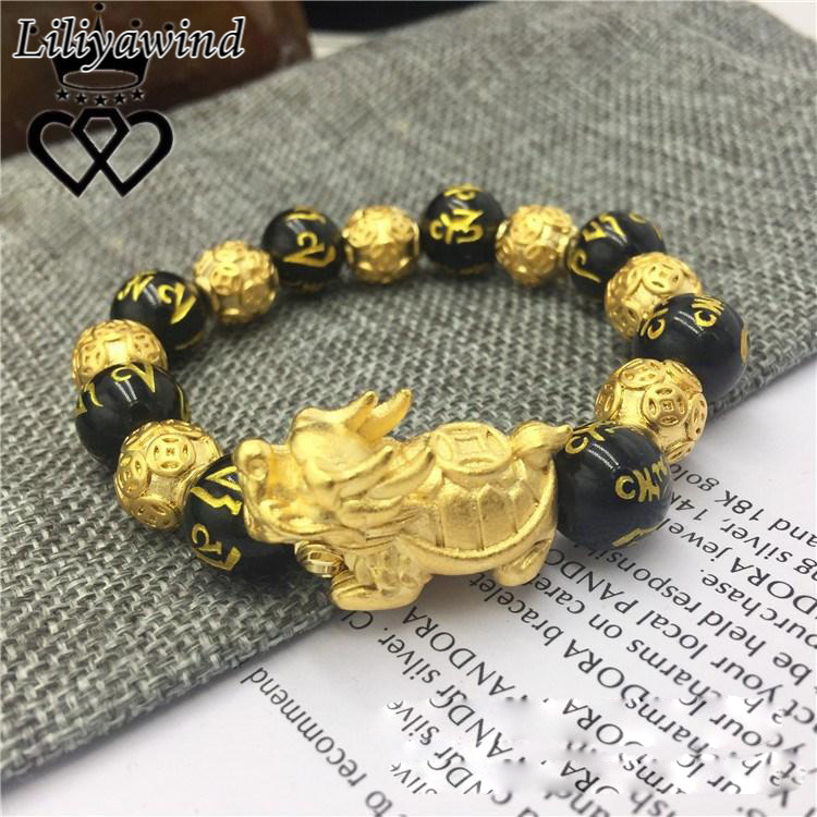 Liliya Chuỗi Hạt Kinh Thánh PIXIU Rùa Tiền Vàng 18K Lucky Obsidian Thời Trang, Người Đàn Ông Vòng Tay