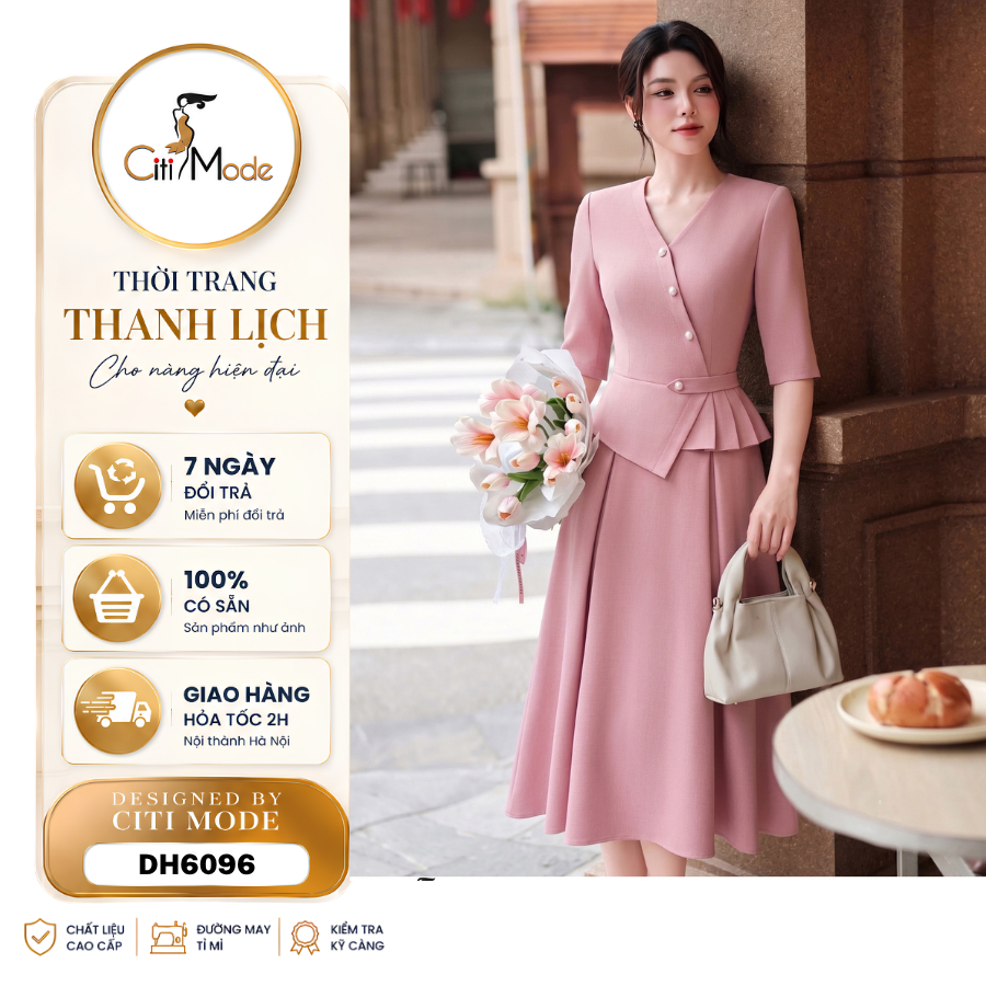 Citi Mode Fashion Office Dress Designed with Pink Peplum Flared Dress with V-Neck and Short Sleeves Dh6096