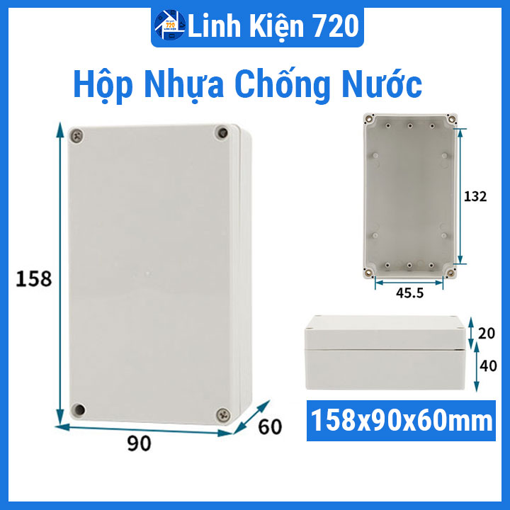 Hộp nhựa kỹ thuật 158x90x60mm chống nước không tai đựng bảng mạch điện tử, nhựa ABS cao cấp
