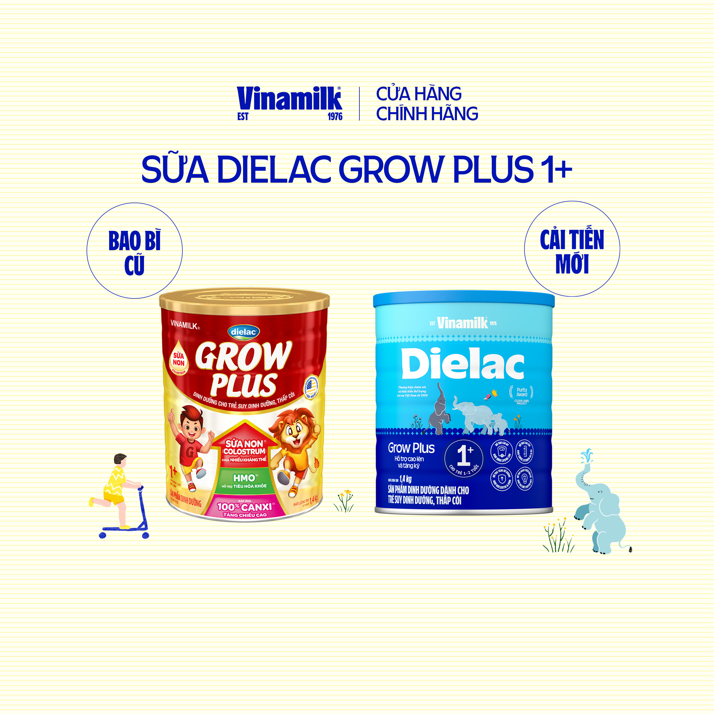 Sữa Non Vinamilk Dielac Grow Plus 1+ HT 1400g (Sữa bột cho trẻ từ 1 - 2 tuổi) - Tăng cân cao khỏe, hỗ trợ Trẻ suy dinh dưỡng, thấp còi