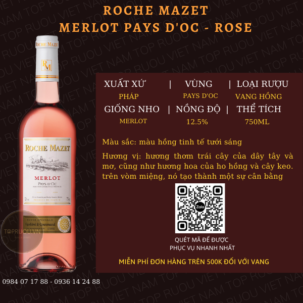 Vang hồng roche mazet merlot pays d'oc - rose 750ml - pháp - 12.5%
