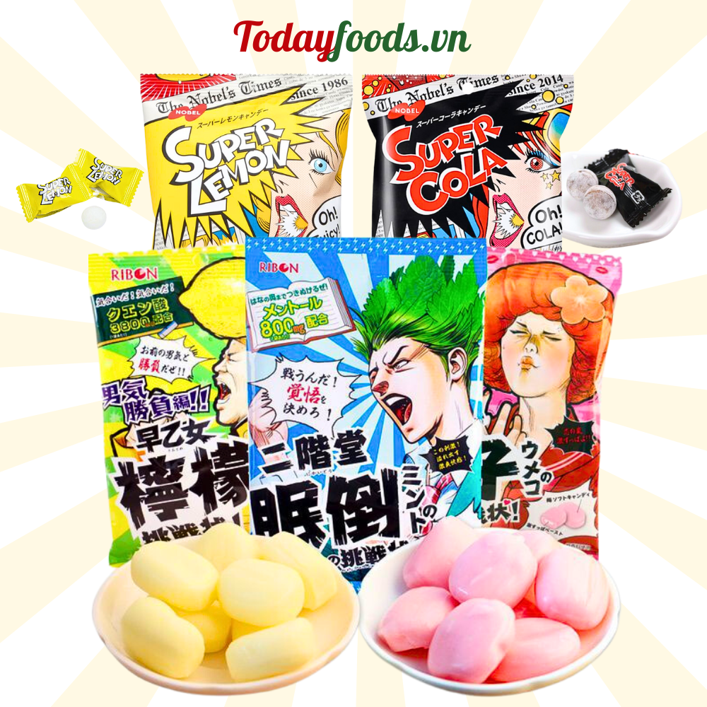Kẹo siêu chua super lemon, cola nobel, ribon chanh mơ nhật bản