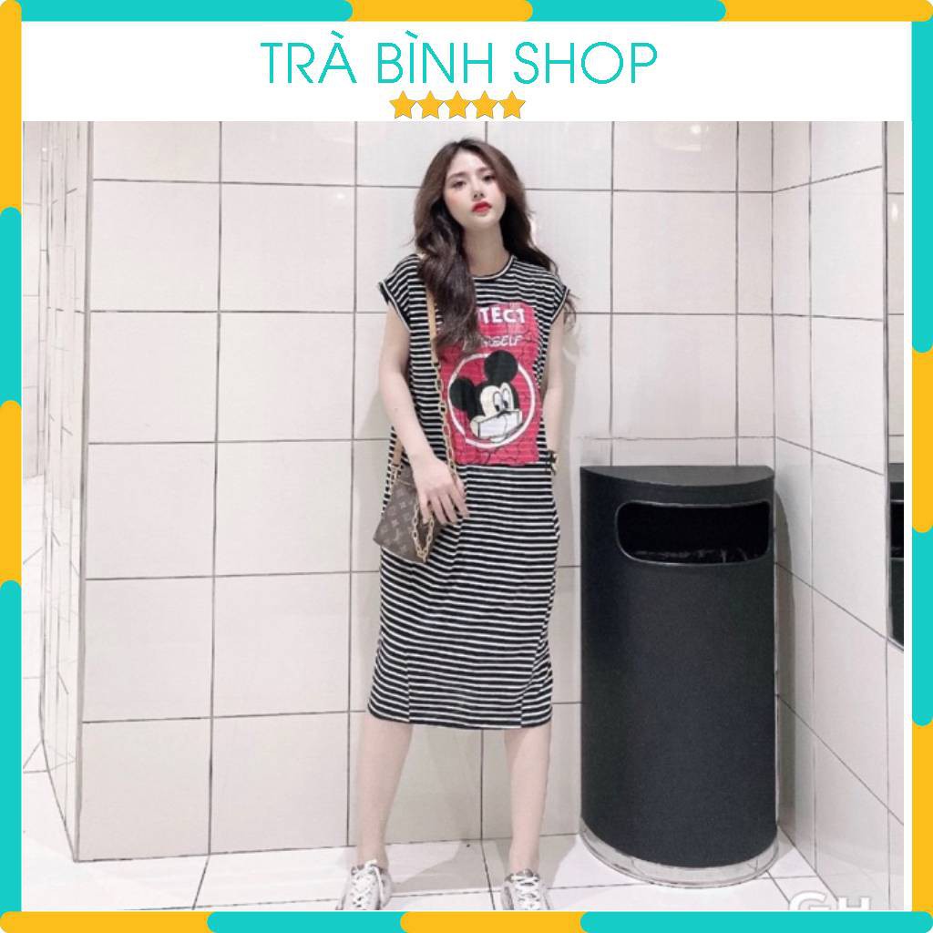 Đầm suông form rộng váy dáng dài tay cánh dơi họa tiết chuột protec chất thun cotton hàng vnxk