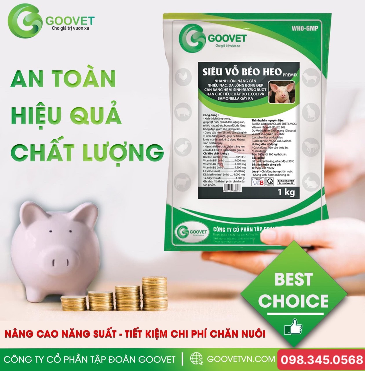 [Gói 1Kg] SIÊU VỖ BÉO HEO premix. Thức ăn bổ sung cho vật nuôi mau lớn, hồng hào, da mỏng, nở mông, nở vai, nặng cân, nhiều nạc.... Cân bằng hệ vi sinh đường ruột, hạn chế tiêu chảy do Ecoli, salmonella gây ra.