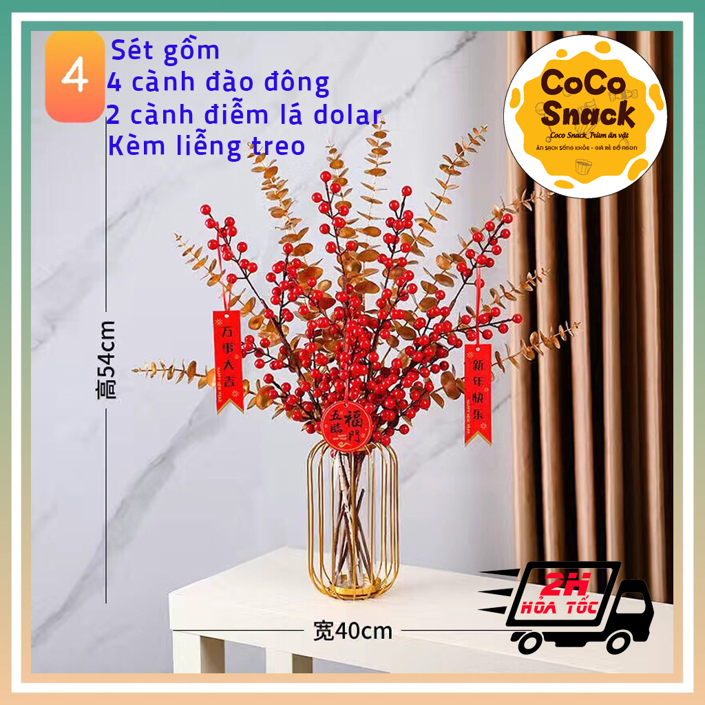 Sét đào đông đỏ đầy đủ phụ kiện . Đào đông trang trí tết