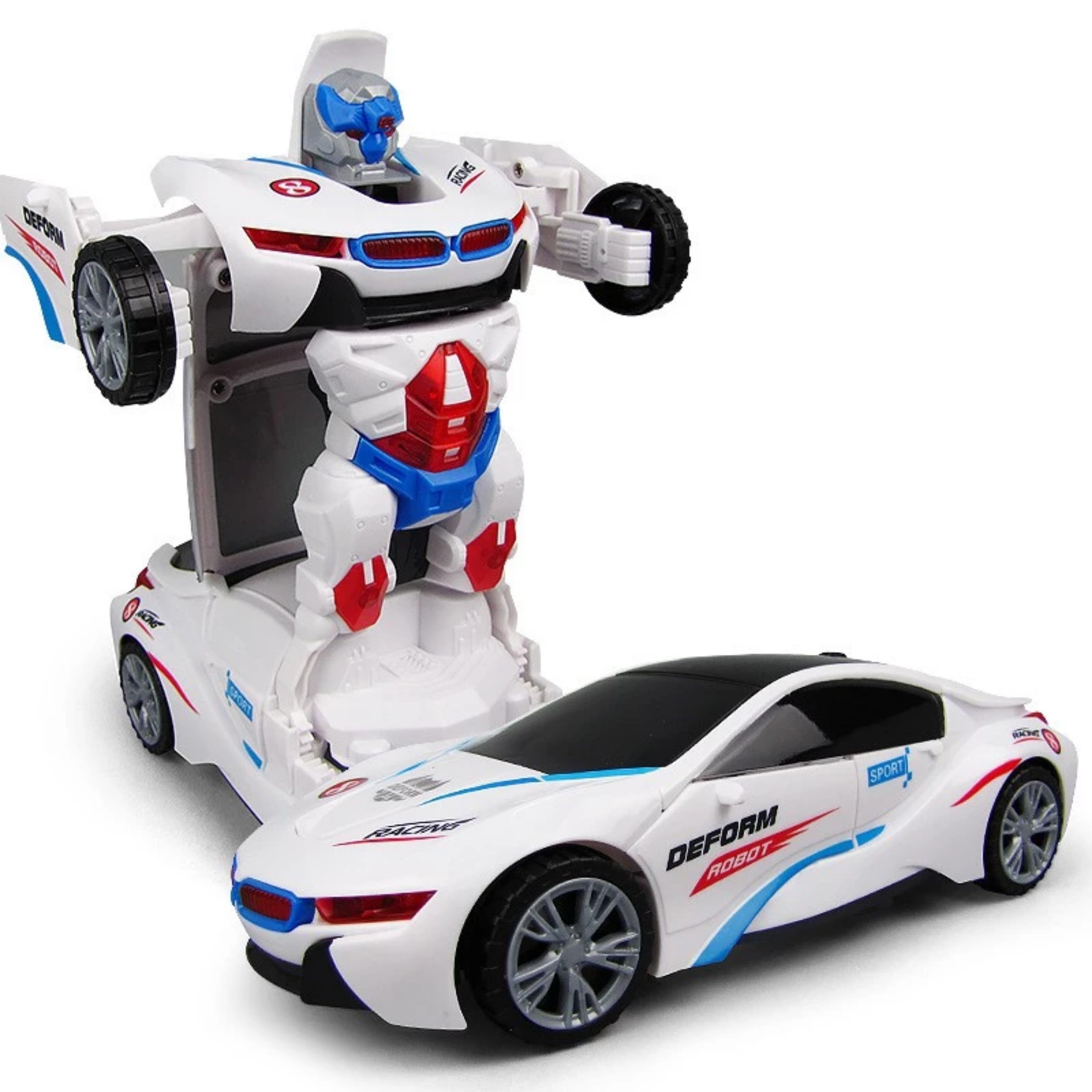 Đồ chơi xe cảnh sát robot biến hình màu trắng và xe biến hình iron man xe người nhện biến hình