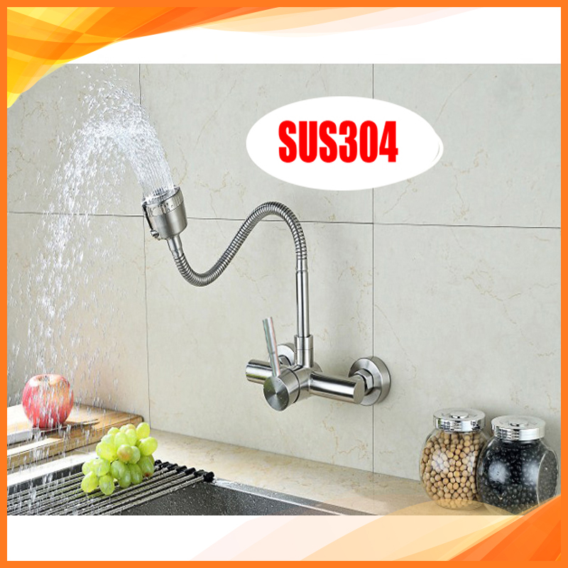 Vòi rửa chén bát nóng lạnh Inox 304 loại âm tường cần mềm xoay 360 độ 6015