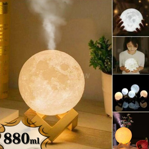 Đèn Ngủ Mặt Trăng phun sương size 15 cm cảm biến đổi màu tặng kèm đế gỗ