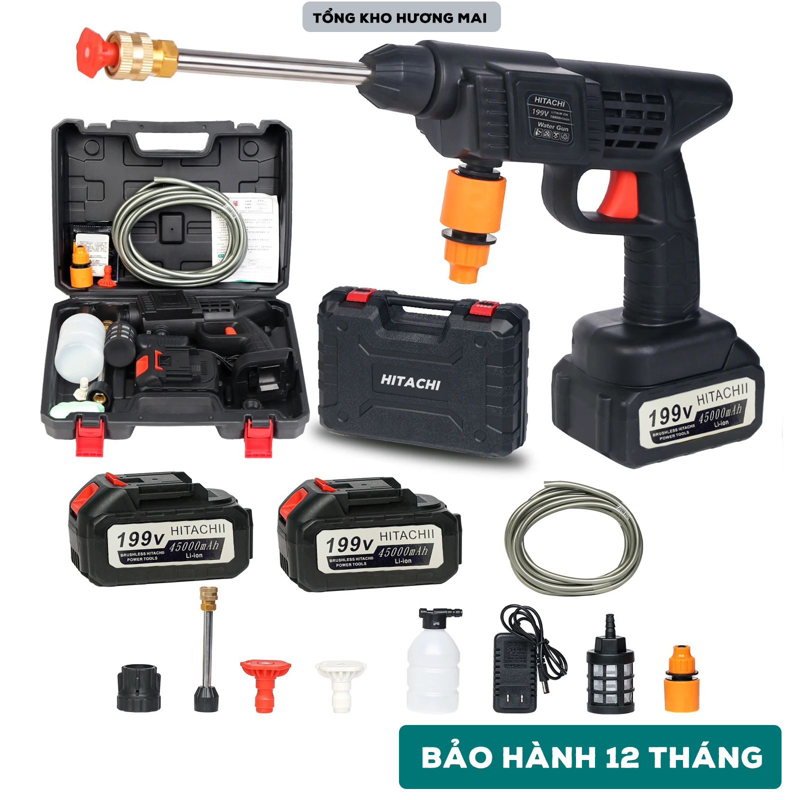 [BÁN CHẠY] Máy Rửa Xe Hitachi 2 PIN 199V Cầm Tay Không Dây Áp Lực Cao Cho Mọi Loại Xe 2 PIN 199V 30000mAH Công Suất 1400W, Bảo Hành 12 Tháng